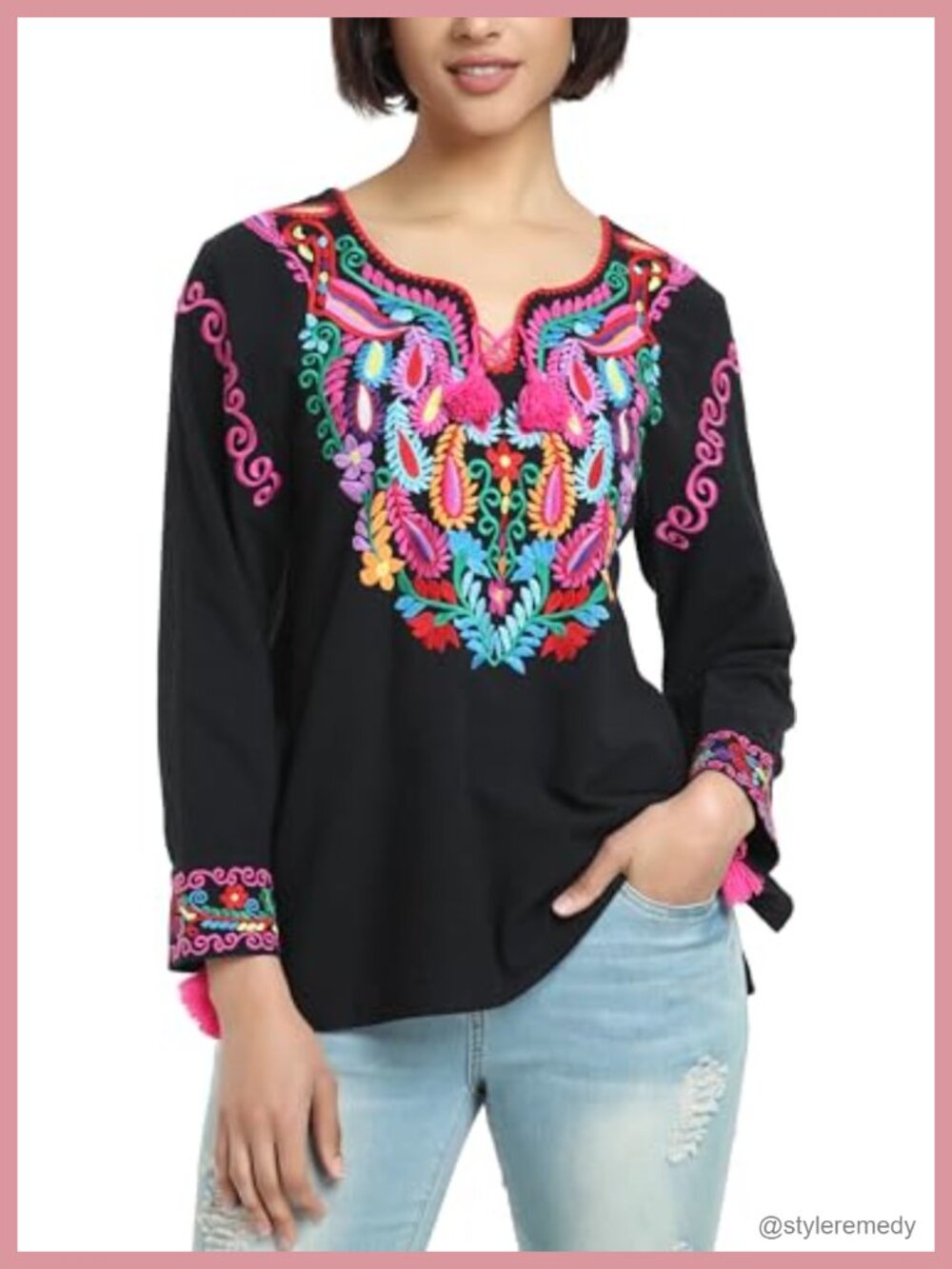 Mexican Embroidered Cotton Tunic Top V Neck Long Sleeve Boho Blouse